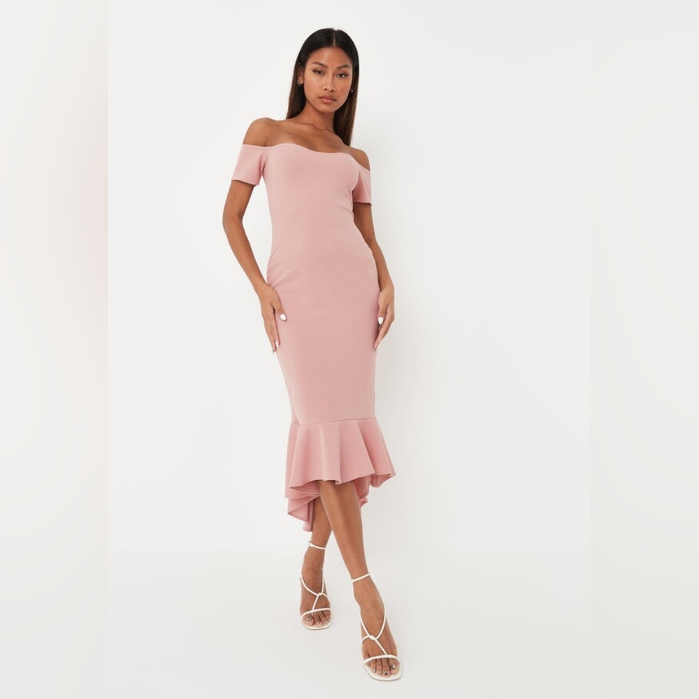 NWT Misguided Bardot Off Shoulder Fishtail Midi Dress In Blush Pink - Women's 4